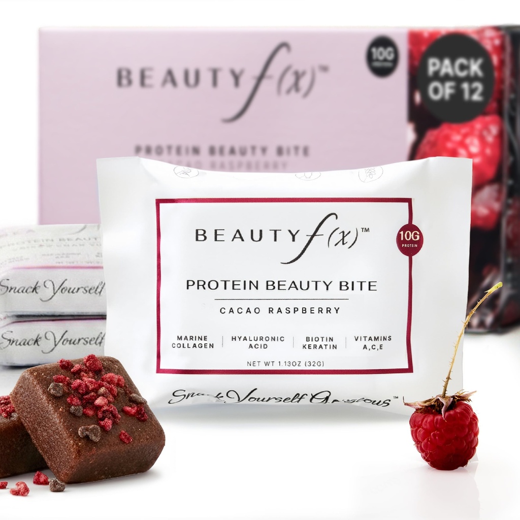 Beauty f(x) Protein Beauty Bites - Collagen Bars – Cacao Raspberry Collagen Protein Bars for Women – 10g Protein, 120 Calories, No Added Sugar – Supports Skin, Hair, and Nails