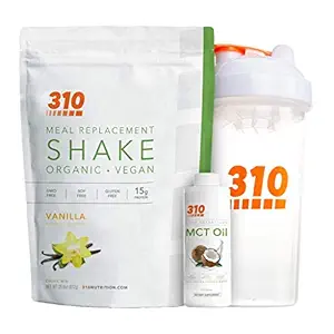 Vegan Organic Plant Protein Powder and Meal Replacement Shake with Shaker Cup and 2 Oz MCT Oil - By 310 Nutrition - Gluten, Zuivel en Sojavrij - 0g Sugar Keto and Paleo Friendly (Vanilla)