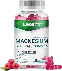 Magnesium Glycinate Gummies 1000mg - Suikervrij Magnesium Kalium Supplement met Vitamine D, B6, CoQ10 voor Kalm Mood & Slaap Ondersteuning - 60 Raspberry Gummies