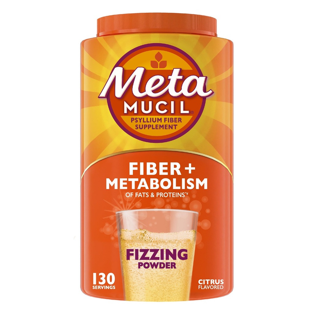 Metamucil Fizzy Fiber Supplement + Metabolism, Plant Based Psyllium Fiber Powder with B12 for Metabolism of Fats and Proteins, Daily Supplement for Regularity, Citrus Flavored Sugar-Free, 130 Serving