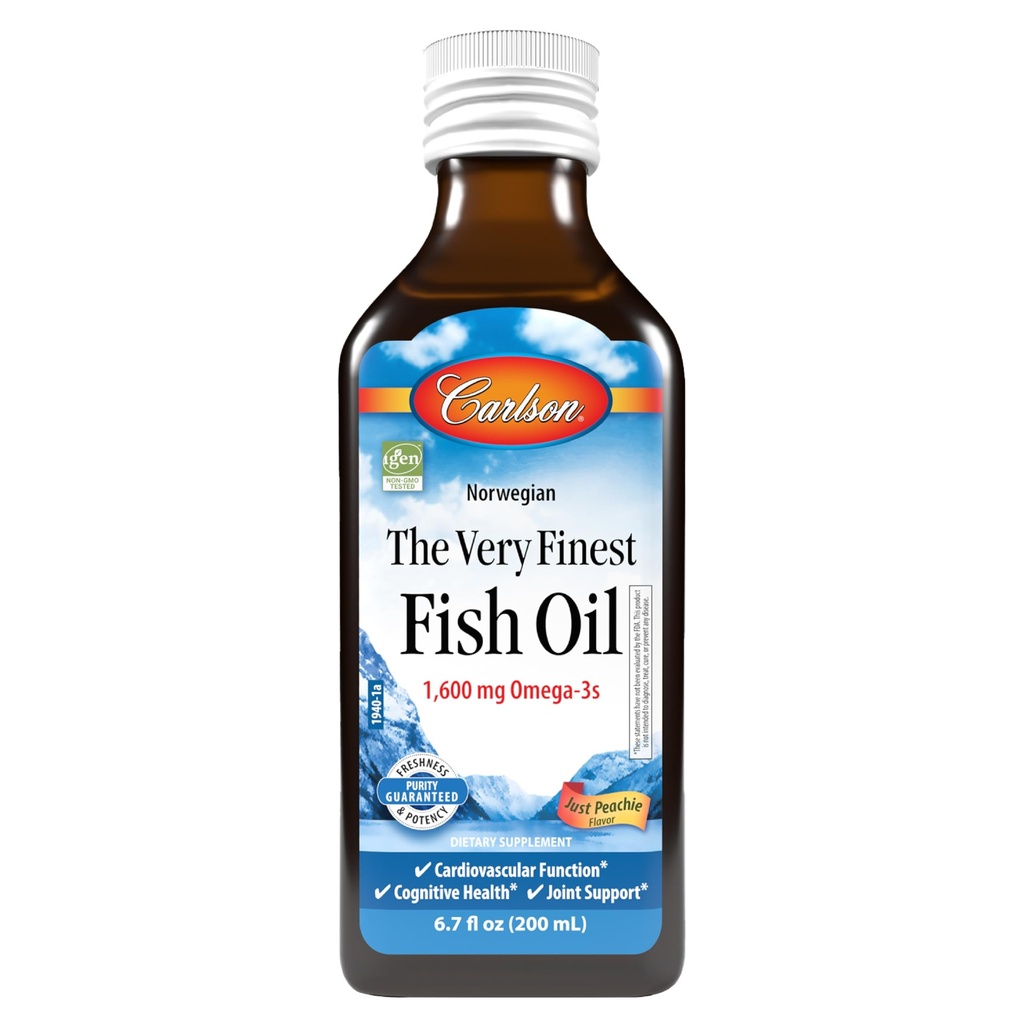 Carlson - De zeer fijnste visolie, 1600 mg Omega-3s, vloeibare visoliesupplement, Noorse visolie, Wild-Caught, duurzaam gewonnen visolie vloeibaar, Just Peachie, 200 ml (6,7 Fl Oz)
