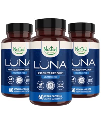 Nested Naturals Luna Melatonine Free, Non-Habit Forming Herbal Sleep Supplement w/Chamile, Valeriaan, L-Theanine, 180 Vegan Capsules (60 capsules per fles)