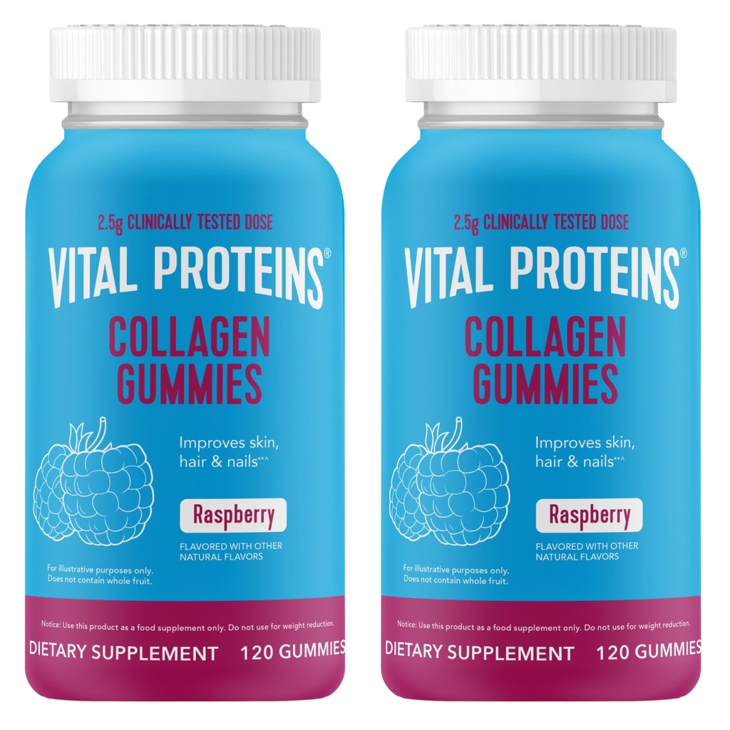 Vital Proteins Collagen Gummies, 2.5g of Clinically-Tested Collagen for Hair, Skin, Nails & Wrinkles, 120 ct Bottle, Pack of 2, Raspberry Flavor