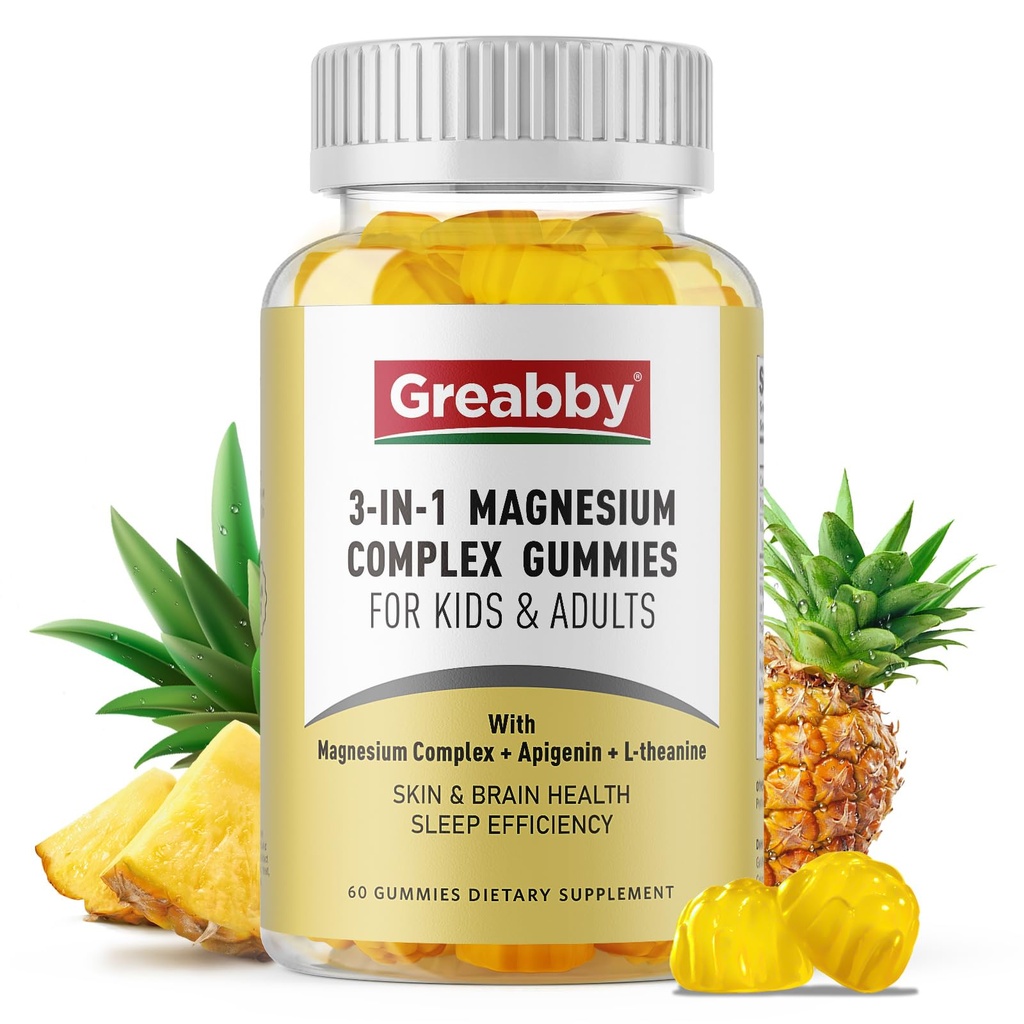Triple Magnesium Complex Gummies - 800mg Magnesium Glycinate & Citraat, Apigenin & L-Theanine, voor Kids & Adults, Naturally Asleep & Muscle Cramps (60 Tel.)