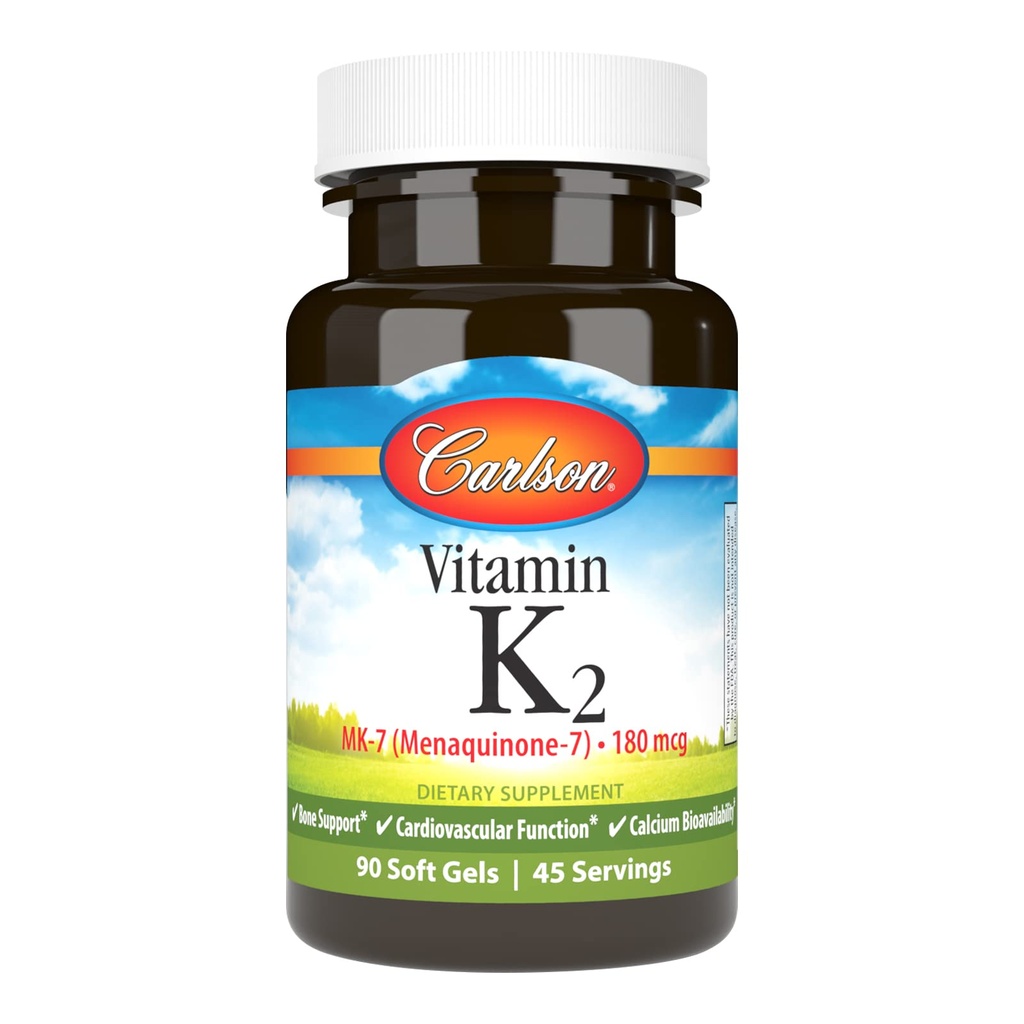 Carlson - Vitamine K2 MK-7 (Menachinon), 180 mcg, Bone Support, Calcium Biobeschikbaarheid, K2 Vitamine, Vitamine K-2, 90 Softgels