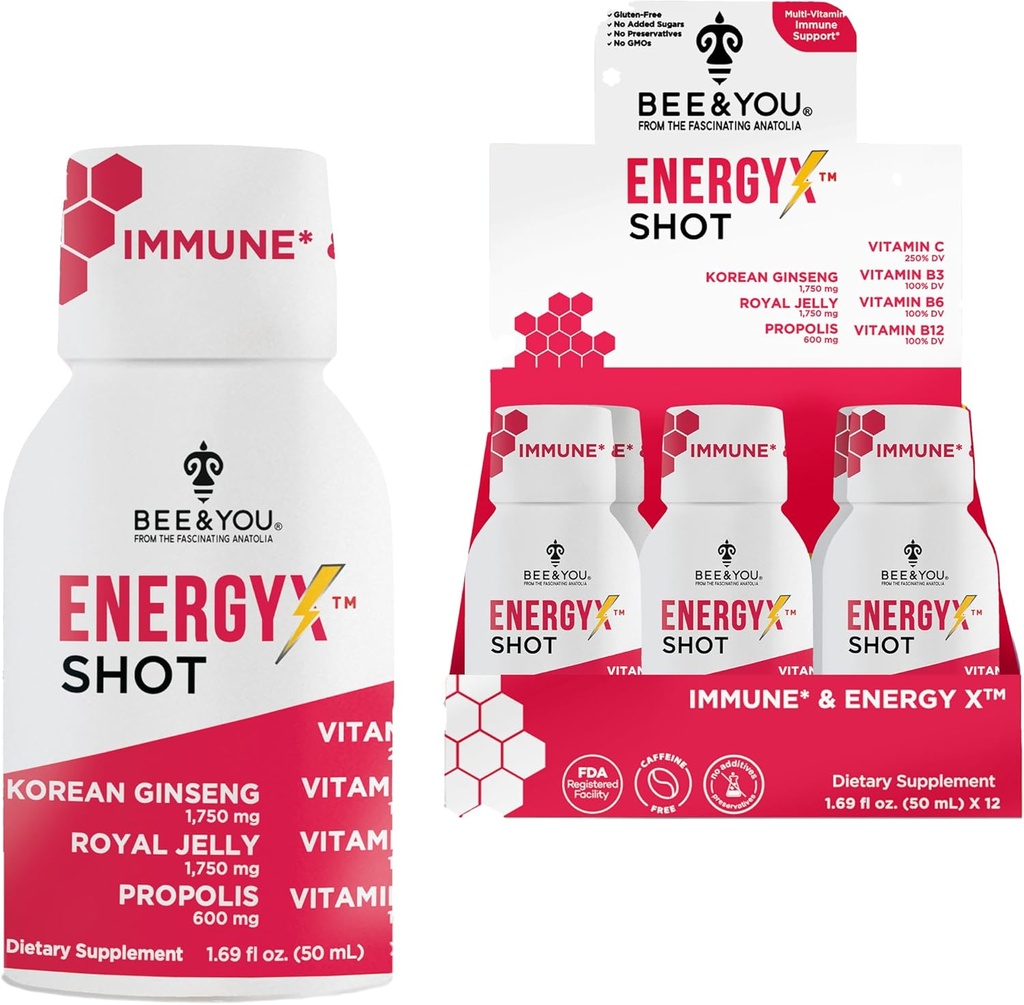 Bijen en u Energie X Shot, 12 Pack, Koreaanse rode Ginseng, Royal Jelly, Propolis, Cafeïnevrije energie Drink, Vitamine C, B3, B6, B12, Immuun Ondersteuning Supplement, Antioxidanten, Granaatappel smaak