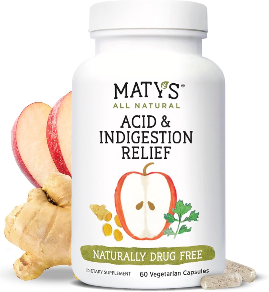 Matys Acid & Indigestie Relief Capsules, Veilig Antacida Alternatief voor Occasional Acid Reflux & Heartburn, Gemaakt met Apple Cider Vinegar, Soja & Glutenvrije Vegetarische Capsules, 60 Tellen, 30 Servers