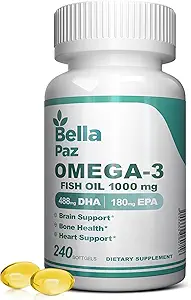 Omega 3 FishOil Supplementen - 1000mg Visolie 788 mg Omega-3 Vetzuur Burpless, 488 DHA & 180 EPA voor Muscle Bone Heart Brain Ondersteuning en gezondheid, Supplementen voor mannen en vrouwen, 240 Softgels