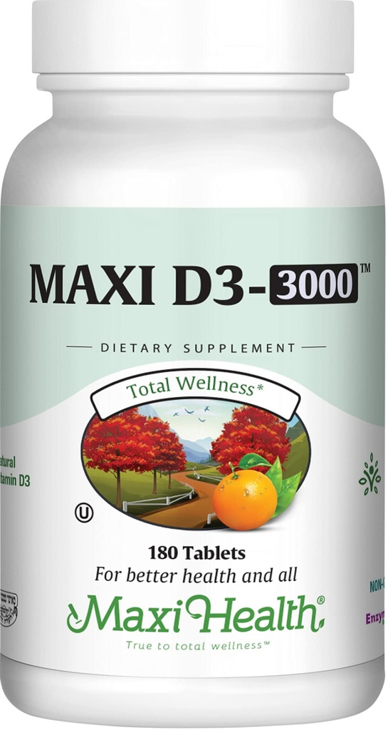 Maxi Health Vitamine D3 3000 IE 75 mcg Vitamine D Supplement voor gezonde botten, tanden, Immuun Support - VIT D3 Supplement Eenvoudig doorslikken Non-GMO, supplement voor mannen en vrouwen Kosher (180 tabletten)