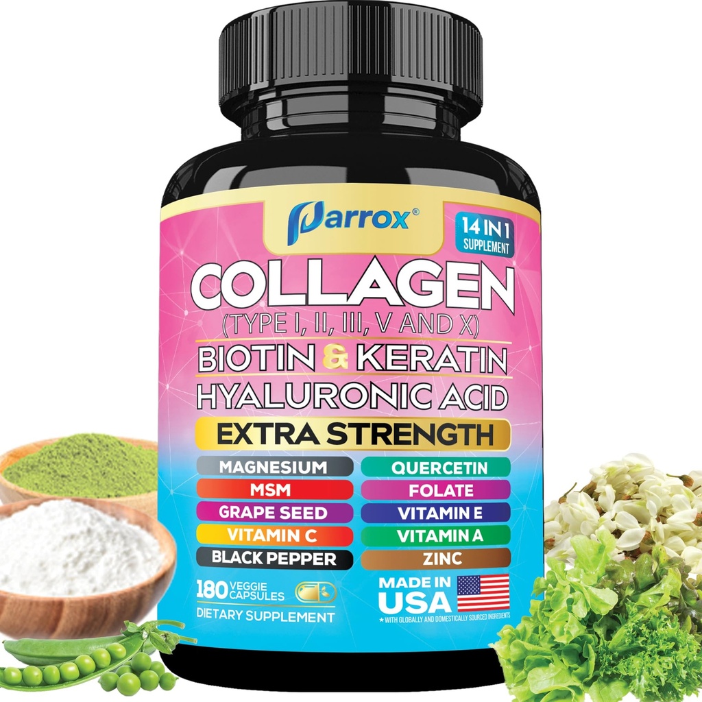 Collagen Peptides Types I, II, III, V & X, MCG Biotin, Keratin, Hyaluronic Acid, MSM, Zinc, Grape Seed Extract, Quercetin, Vitamin A, Vitamin C, Vitamin E, Magnesium, Folic Acid (180 Capsules)