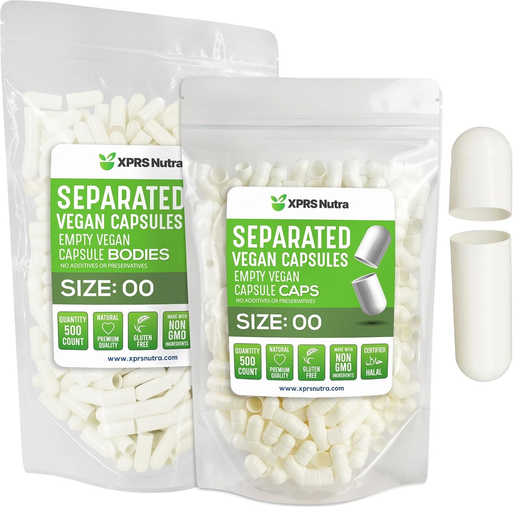 XPRS Nutra Vegan Maat 00 Gescheiden Capsules - 500 Tel Premium Lege Capsules Gescheiden in zakken - 00 Pillen Leeg voor DIY supplement vullen (White)