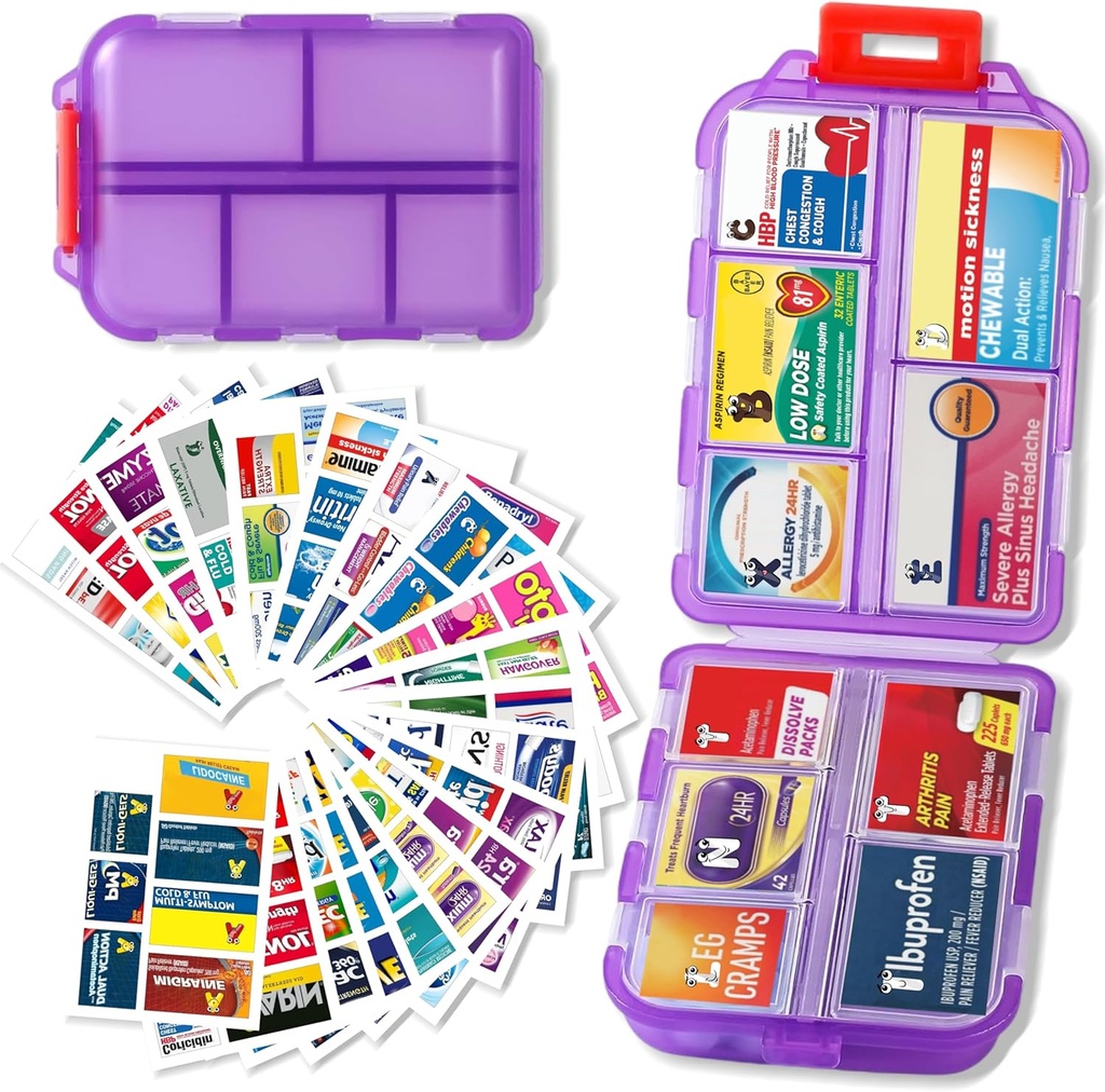 Pillen Organisator met Medicine Labels Reizen Dagelijkse Pillen Container Mini Medicatie Organisator Opslag Pillen Organisator Travel Essentials Pill Case 7 Day (Purple& 161 Lables)