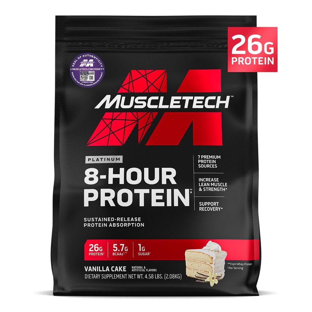 MuscleTech Platinum 8-Hour Protein Powder - 7 Premium Protein Sources with Whey & Caseïne Protein for Increased Lean Muscle, Strength & Improved Recovery - Vanille Cake, 50 Servings