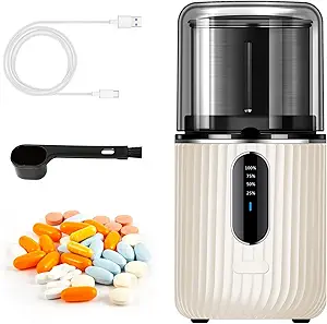 Broyeur électrique sans fil à pilules - Découpeurs à pilules pour petites ou grandes pilules et comprimés de vitamines en poudre fine - Pulvériseur électronique à pilules - Coupe de broyage amovible pour un nettoyage facile