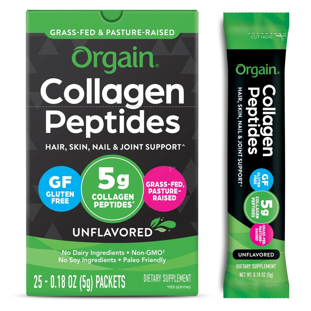 Orgain Gehydrolyseerde Collageen Peptides Travel Packets for Women & Men - 5g Grass Fed Collageen Per Serving, Hair, Skin, Nail & Joint Support Supplement, Non-GMO, Type I & III - Unflavored (25 Count)