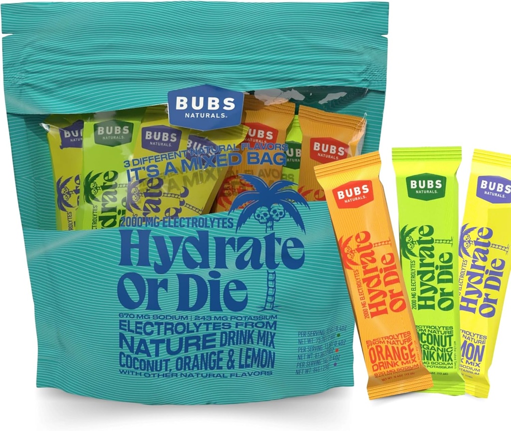 BUBS Naturals Hydration Powder Variety Pack Hydrate of Die Electrolyte Powder, All-Natural, Keto-Friendly, Gluten-Free, & No Sugar Added, Boosts Energy & Stamina Verbetert herstel, 18 porties