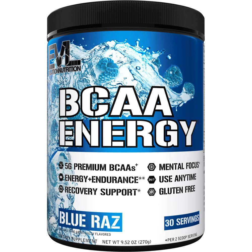 EVL BCAA's Aminozuren Poeder - BCAA Energy Pre Workout Powder voor spierherstel Lean Growth and Endurance - Rehydraterende Post Workout Recovery Drink met natuurlijke cafeïne - Blue Raz