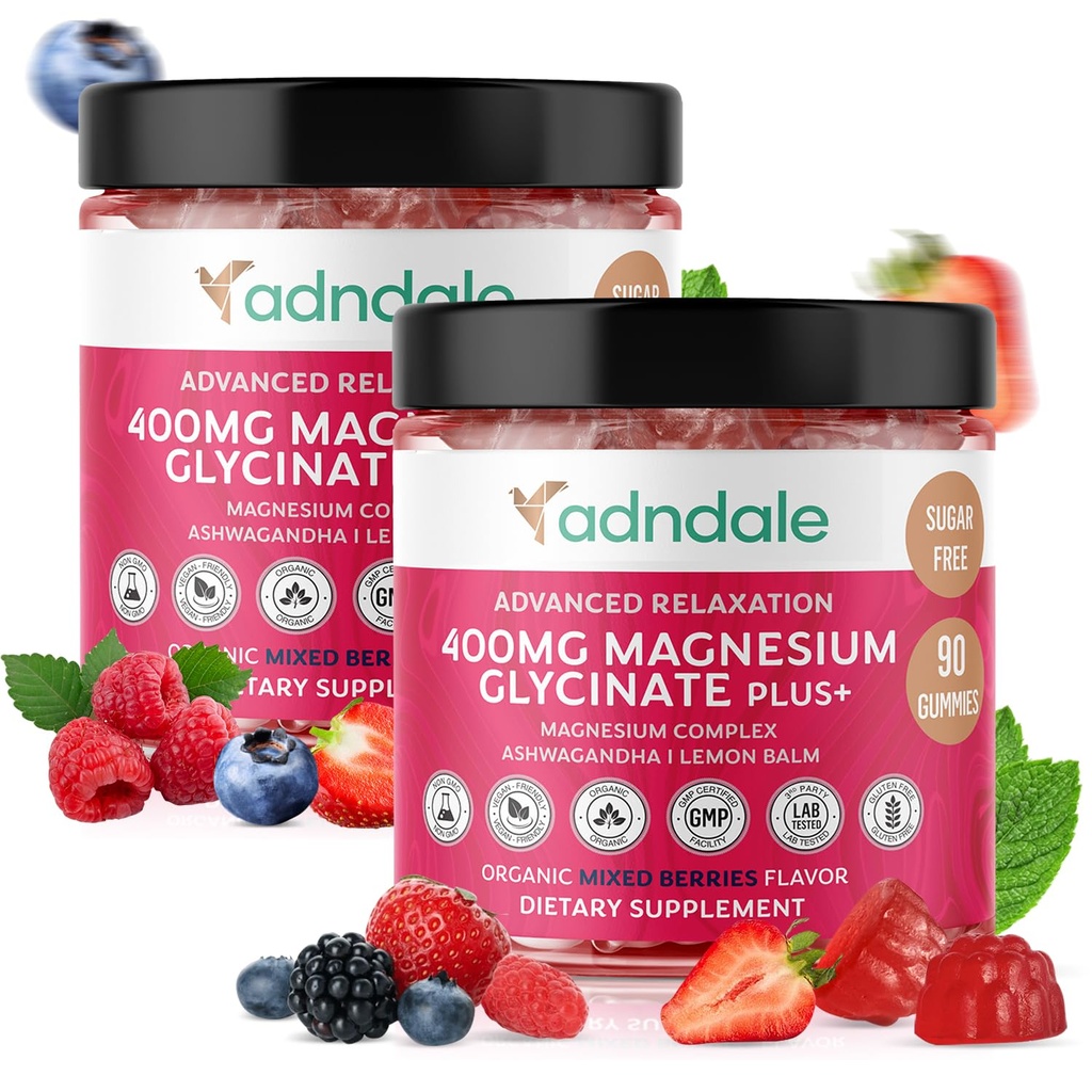Adndale 180 CT Magnesium Glycinate Gummies 400 mg/Serv, met Ashwagandha, Magnesium Malate & Taurate, Suikervrije Kauwen voor volwassenen en kinderen.