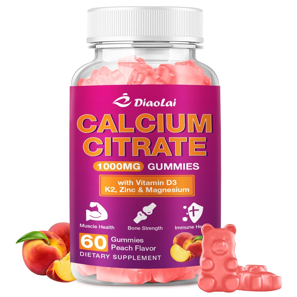 Calcium Citrate Gummies - 1000mg per Serving - Supports Bone & Teeth Health with Vitamin D3 & K2 - Delicious Peach Flavor - Non-GMO, Gluten-Free - 60 Gummies