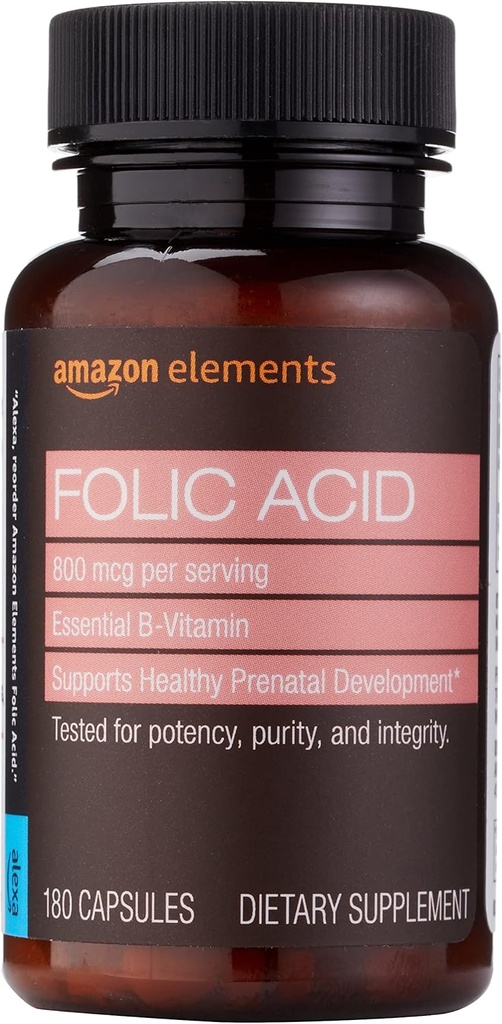 Éléments - Acide folique, 800 mcg par portion, Comprimé, 180 Compte, Paquet de 1, Supplément alimentaire des femmes pour un développement prénatal sain, 6 mois d'approvisionnement