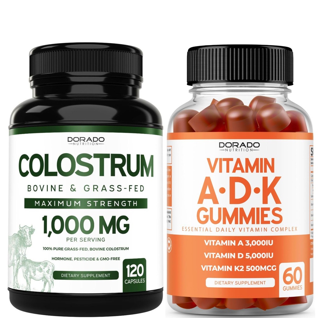 Colostrum (120 Count) Bovine Colostrum Capsules Supplement for Adults and ADK Vitamin D3 (60 Gummies) D & K - 10 Vegan Supplement - Delicious Raspberry Flavor - Non GMO Third Party Tested - USA Made