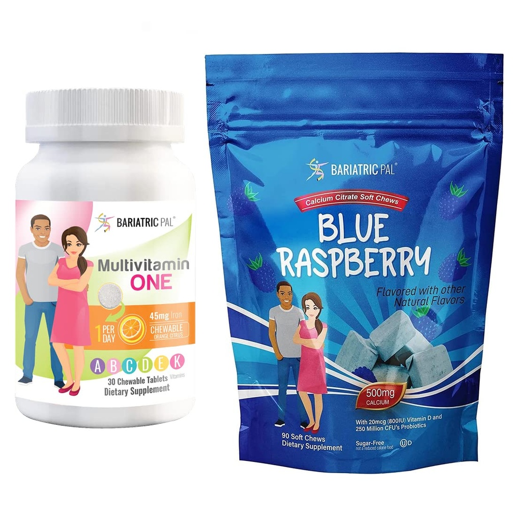 BariatricPal 30-Day Bariatric Vitamin Bundle (Multivitamin ONE 1 per Day! with 45mg Iron Chewable - Orange Citrus and Calcium Citrate Soft Chews 500mg with Probiotics - Blue Raspberry)