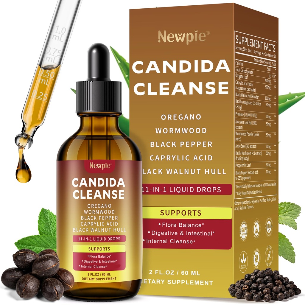 Candida Support with Triple-Targeting Technology, All-in-1 Synergy Formula with Caprylic Acid, Oregano, Black Walnut & Wormwood – Gut Health, Digestive & Immune Support Drops (2 Fl Oz) (1)