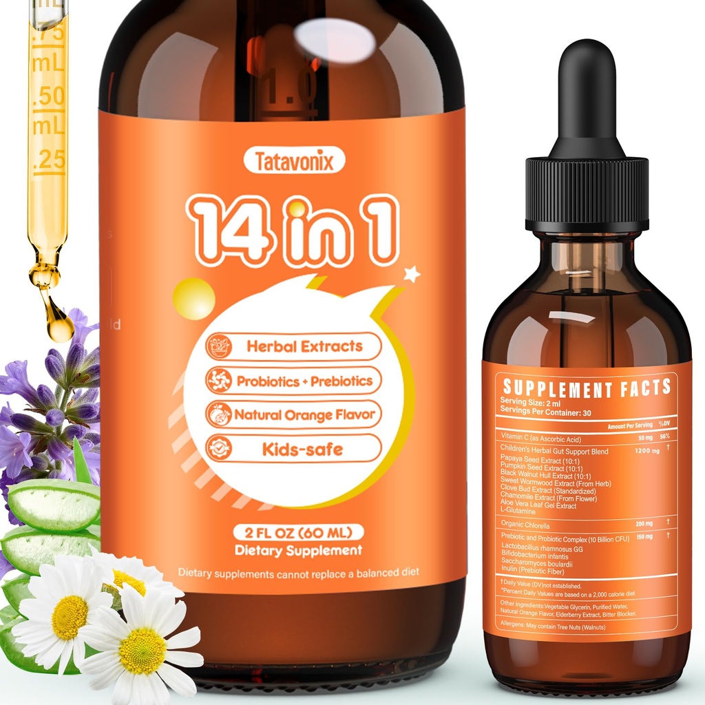 14 in 1 Herbal Gut Cleanse Drops – Natural Detox for Adults & Kids with Wormwood, Black Walnut, Chlorella 200mg & 10B Probiotics 150mg – Digestive Health Supplement, Alcohol-Free, 2oz