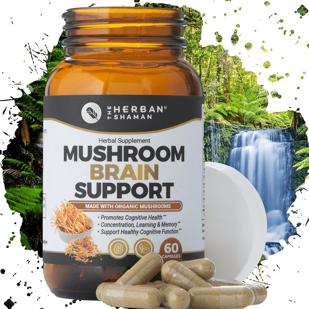 Paddestoelensupplement Ondersteuning van het brein . . Biologische Leeuwen Mane, Cordyceps, Ginkgo Leaf, Gotu Kola + Meer . . Natuurlijke Kruidensupplement (60 capsules)