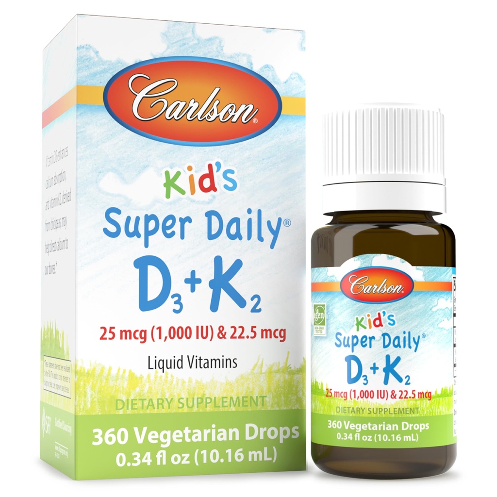 Carlson - Kid's Super Daily D3+K2, 25 mcg (1 000 UI) D3 & 22,5 mcg K2, Vitamine D gouttes avec vitamine K2, Vitamines liquides, 1000 UI Vitamine D3, Santé du coeur et des os, 1 an d'approvisionnement, non aromatisé, 360 gouttes