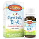 Carlson - Kid's Super Daily D3+K2, 25 mcg (1 000 UI) D3 & 22,5 mcg K2, Vitamine D gouttes avec vitamine K2, Vitamines liquides, 1000 UI Vitamine D3, Santé du coeur et des os, 1 an d'approvisionnement, non aromatisé, 360 gouttes