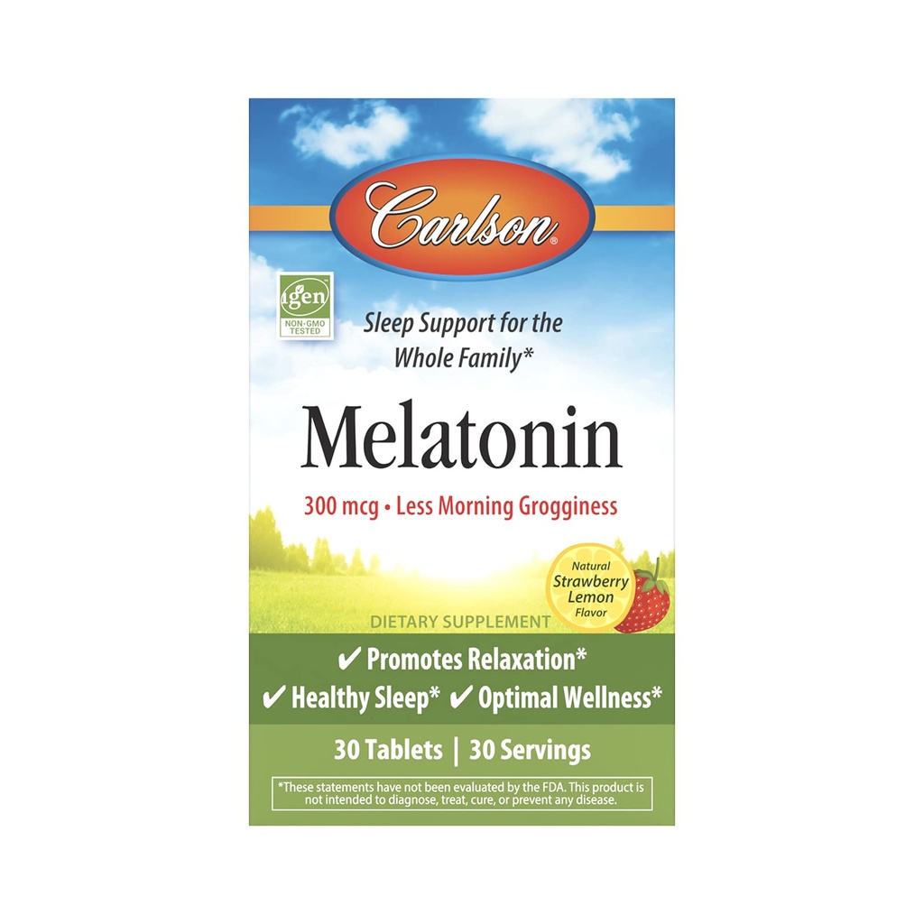 Carlson - Melatonin, 300 mcg, Healthy Sleep, Promotes Relaxation, Natural Strawberry-Lemon Flavor, 30 Chewable Tablets