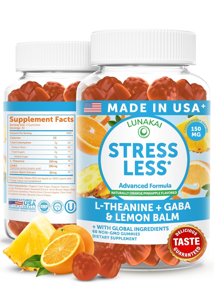 Lunakai USA Made Calm & Stress Relief Gummies – Delicious GABA + L-Theanine Calming Supplement for Adults & Kids – Natural Stress Support, 60ct