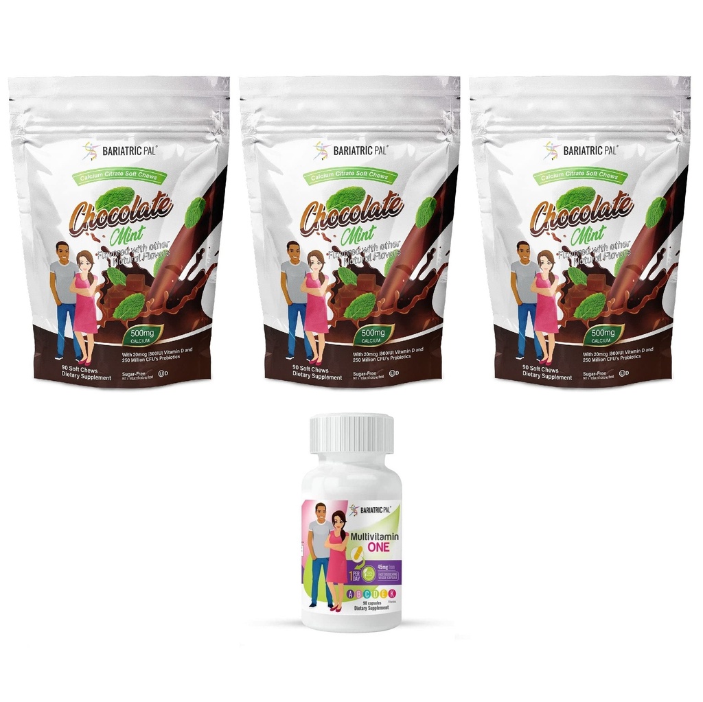 BariatricPal 90-Dag Bariatric Vitamine Bundle (Multivitamine ONE 1 per dag! Capsule met 45 mg ijzer en calcium citraat zachte kauwt 500 mg met probiotica - chocolademunt)