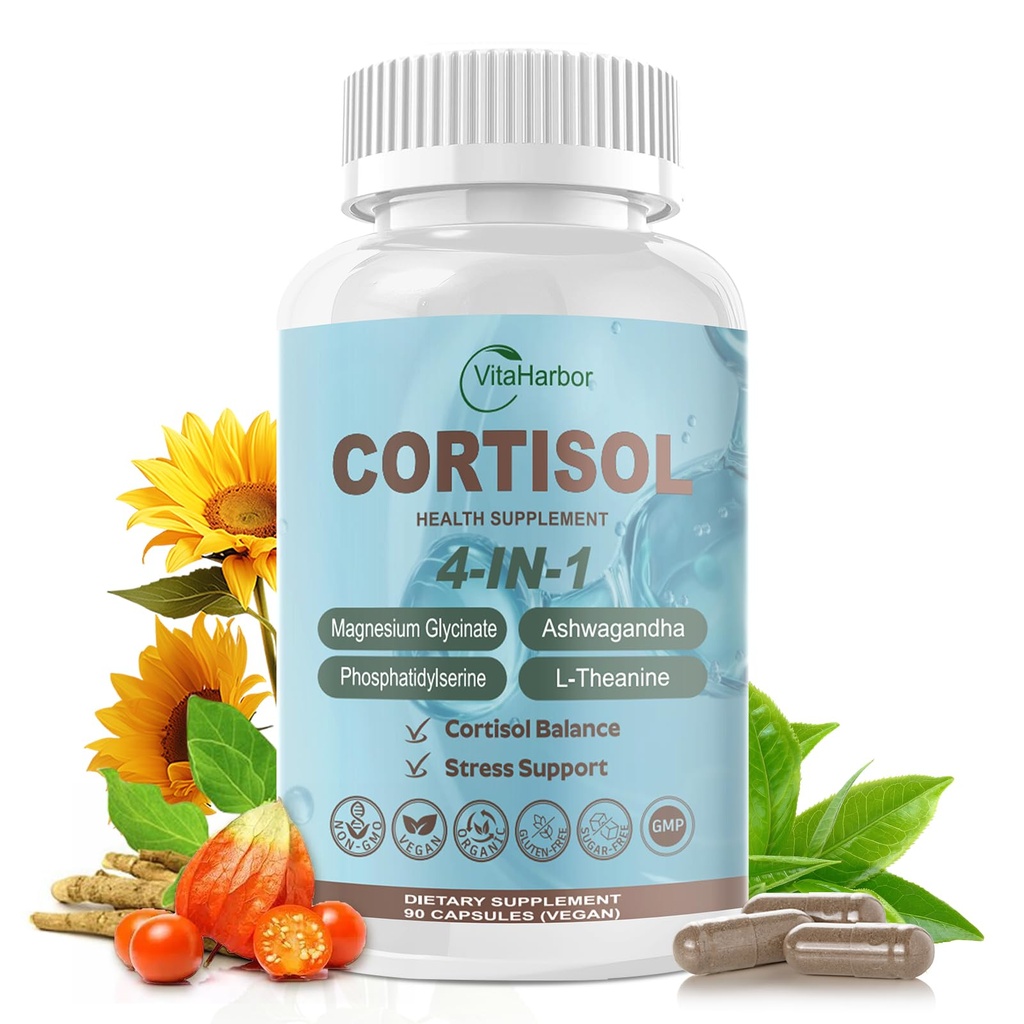 VitaHarbor Cortisol Supplement for Women and Men, 4-in-1 Cortisol Reducer with Magnesium Glycinate, Ashwagandha, Phosphatidylserine, L-Theanine, for Relaxation & Calm Support, 90 Veg Caps