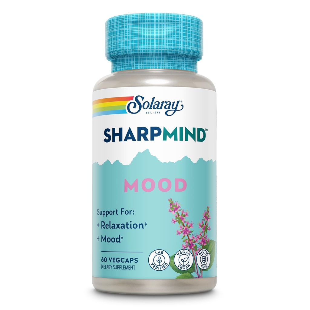 SOLARAY SharpMind Mood Support Supplement, Nootropic for Relaxation and Emotional Well-Being, Zembrin, Holy Basil, Lithium 5mg, Organic Reishi Mushroom, 60 Day Guarantee, 60 Servings, 60 VegCaps