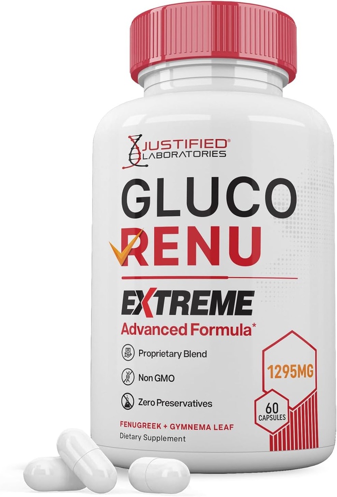 Gluco Renu Extreme 1295MG Glyco Support pillen Advacned Formula Gluo Renew Glycogen Ondersteuning Geformuleerd met Kurkuma Berberine Resveratrol Knoflook Bitter Melon Milk Thistle 60 Capsules