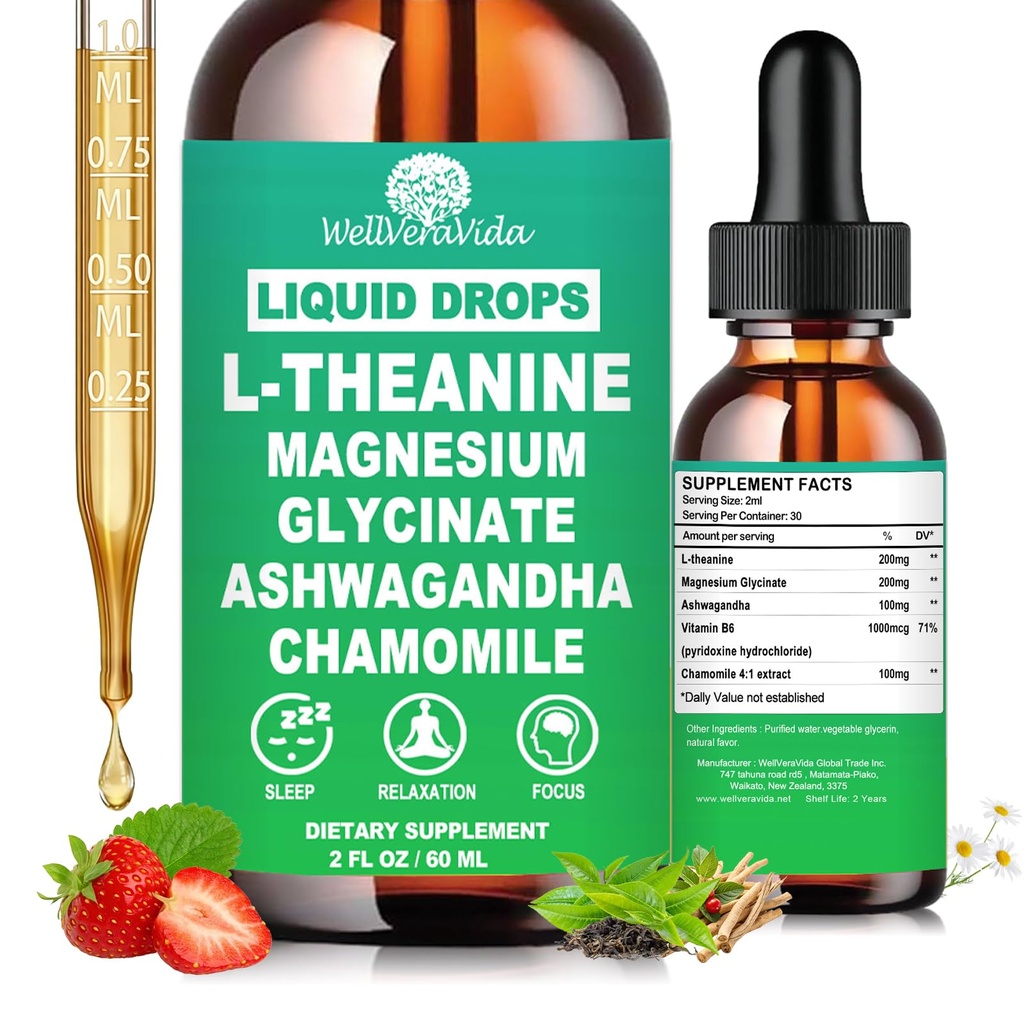L theanine Liquid Drops, Theanine Supplement With Magnesium Glycinate & Ashwagandha for Sleep, Relaxation & Focus Support, High Absorption Liquid L Theanine 200mg for Adults & Kids丨Vegan, Non-GMO, 2oz