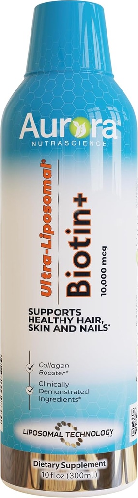 Aurora Nutrascience Ultra-Liposomal Biotine 10 000 mcg Collagen Booster Supplément, soutient les cheveux, la peau et les ongles sains, Caramel Flavor, 30 portions, 10 fl oz