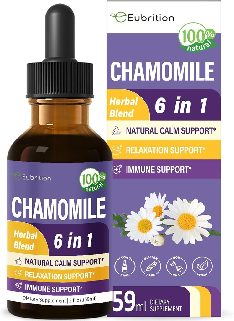 Kamillekruid Extract Drops, Natural Calm Herbal Tinctuur Supplement w/Passiebloem, St. John's Wort, Lavendel, Reishi, & Echinacea for Relaxation Support & Immune Support. 2oz