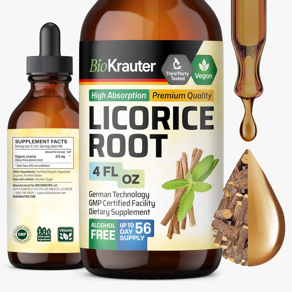 BIO KRAUTER Teinture de racine de réglisse - Extrait de racine de réglisse pour le soutien digestif - Sans alcool et sans sucre - gouttes de végétalien 4 Fl.Oz.