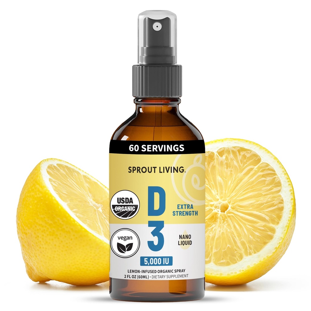 Sprout Living Organic Vitamin D3 5000 IE (Lichen) Spray for Immune Support & Bone Health 