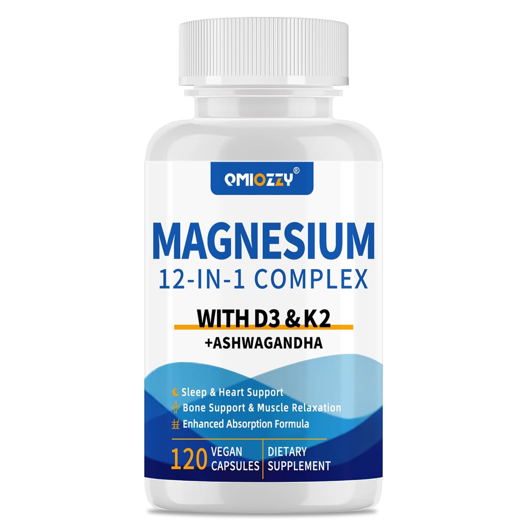 Magnesium Complex 12 in 1 Supplement for Women & Men 700mg, Magnesium Glycinate with Vitamin D3 K2, Citrate Malate Oxide Taurate Aspartate Orotate, for Relaxation, Heart, Energy, Muscle, 120 Capsules