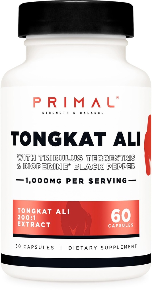 Primal Tongkat Ali Capsules (60 capsules / 30 porties, 1000 mg per portie) - Long Jack Supplement for Men, Gluten Free, Non-GMO Herbal Nutritional Supplement