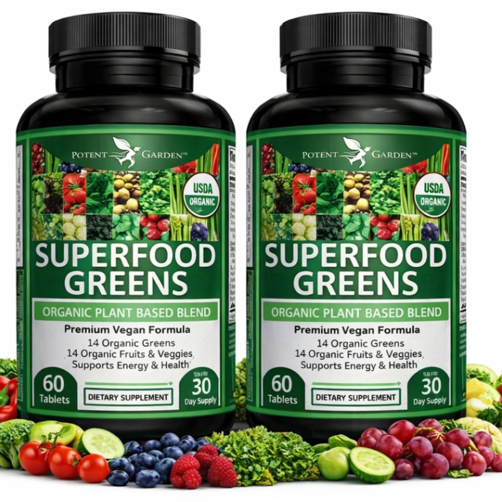 Potent Garden 2-pack Biologische Superfood Greens, Fruit en Veggie supplement Rijk aan vitamines en antioxidanten met Alfalfa, Beetwortel & Tart Cherry om energie, immuniteit & Gut Health, 120 Ct