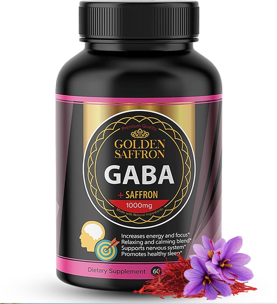 GOLDEN SAFFRON - GABA + Saffron Extract supplement - Unieke en krachtige niet-GMO-supplement voor het bevorderen van ontspanning, rust en goede ondersteuning - Made in The USA with No Added Sugar