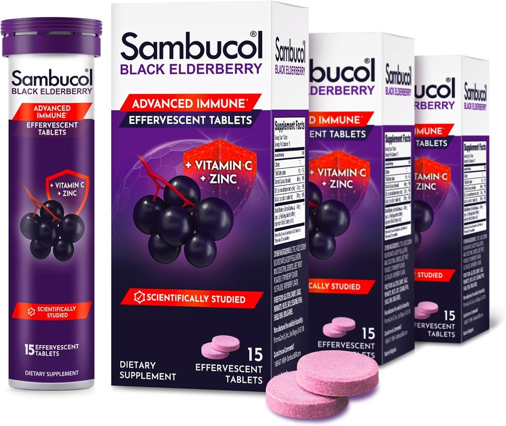 Sambucol Zwarte vlierbessen tabletten met vitamine C & zink - Immune Support Supplement, zwarte vlierbes met zink en vitamine C Bruisende tabletten, hoge antioxidanten, Drink Fizzies - 15 tabletten