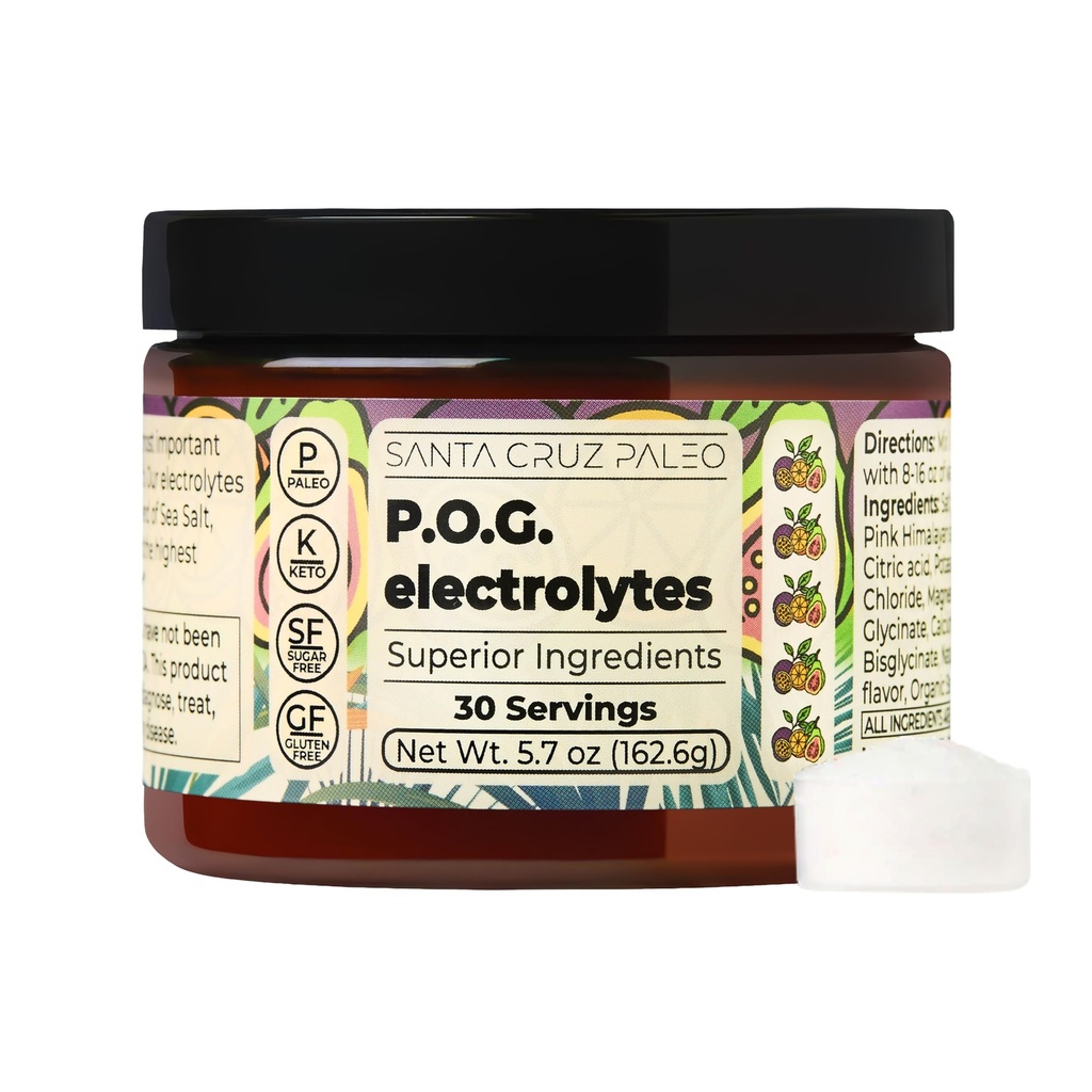 Santa Cruz Paleo Electrolyte Powder, P.O.G. Flavor (Passionfruit Orange Guava), Sugar Free Hydration Mix with Himalayan Pink & Sea Salt, Magnesium, Potassium, Stevia, 30 Servings