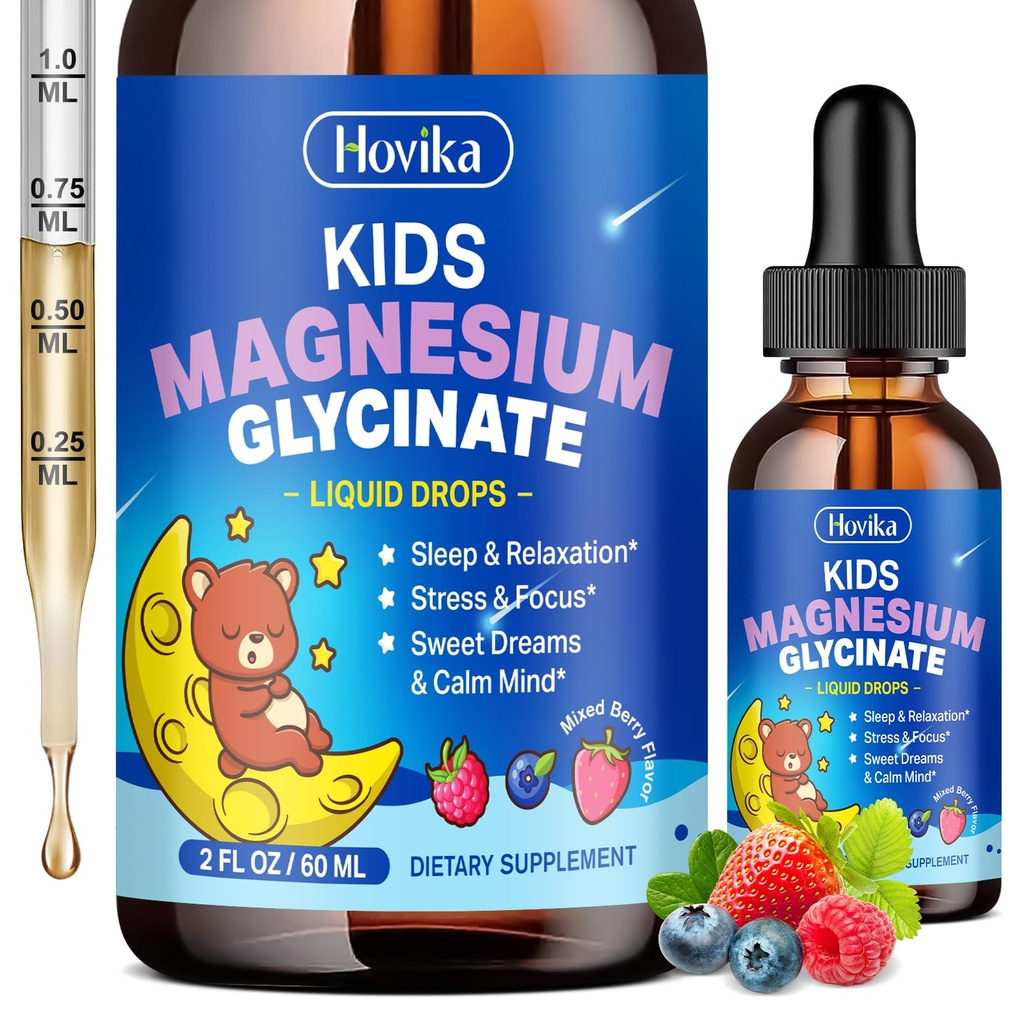 Magnesium Glycinate for Kids - Magnesium Glycinate Liquid Drops with L-Theanine Omega-3, Vitamin B6, D3, Zinc - Support Sleep, Relaxation, Calm & Focus - 2 Fl Oz, Mixed Berry Flavor