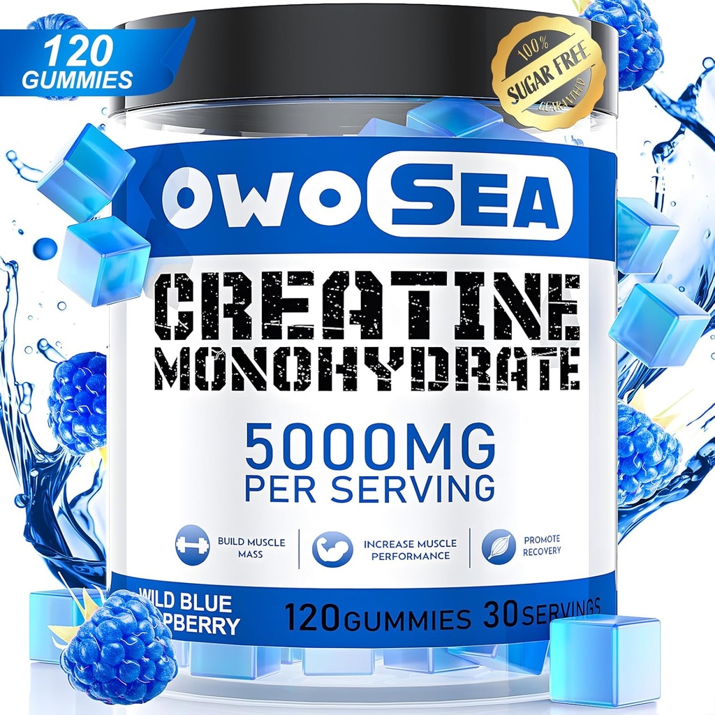 Creatine Monohydraat Gummies voor mannen en vrouwen 5000mg Creatine Monohydraat per Serving for Muscle Support Energy Boost 120 Tel Kauwbare 5g Creatine Supplement Sugar Free Vegan (1 Pack, Blue Raspberry)